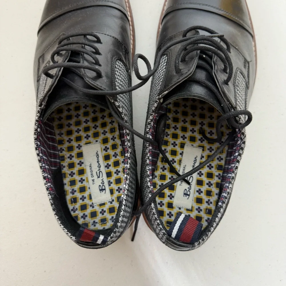 Ben Sherman Mens Black Leather Houndstooth Cap Toe Oxford Dress Shoes‎ 10.5